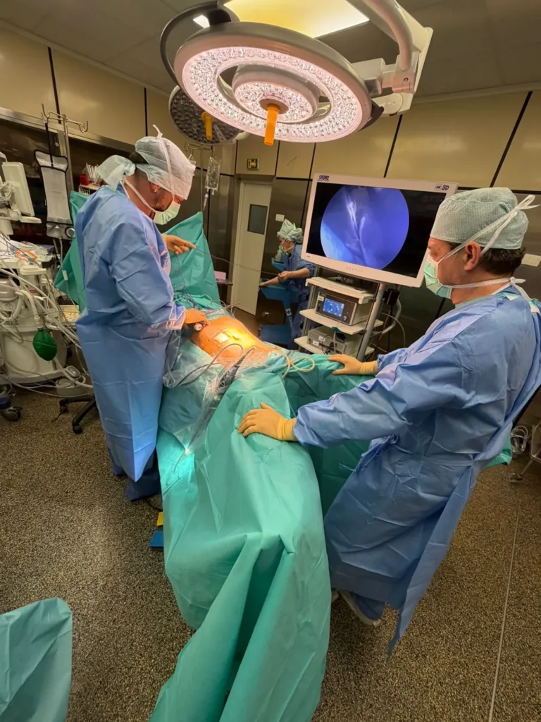 Chirurgie mini-invasive : les chirurgiens opèrent en suivant l’image de la caméra sur l’écran